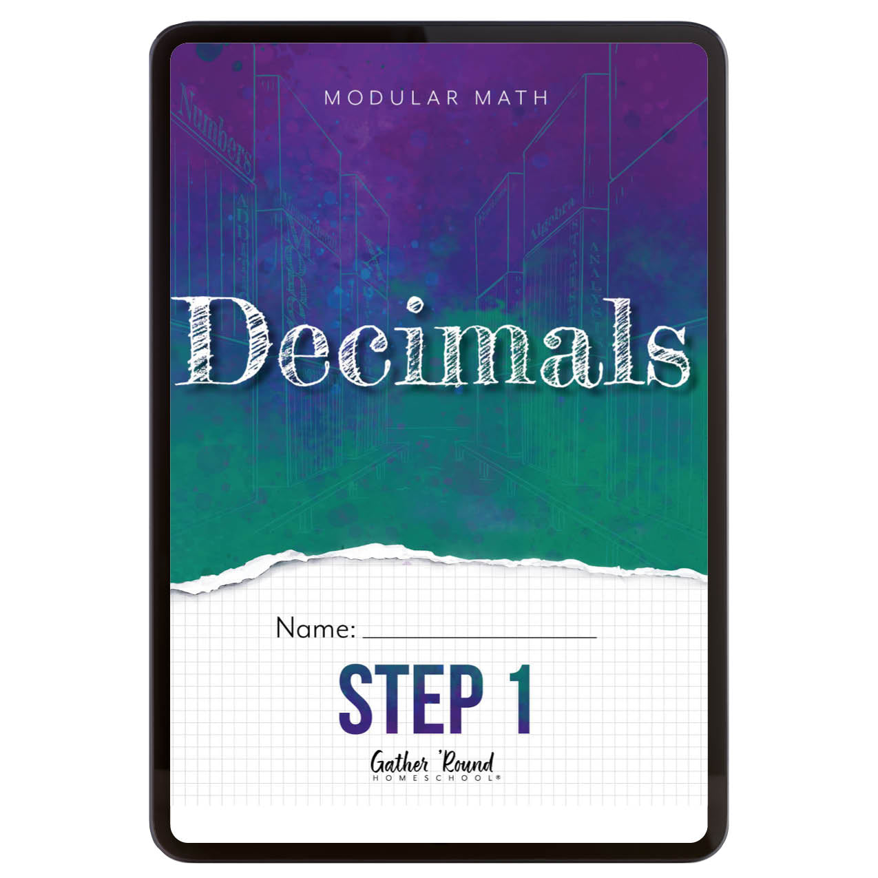 Digital math workbook cover titled 'Decimals' with a colorful gradient background and 'Modular Math' 