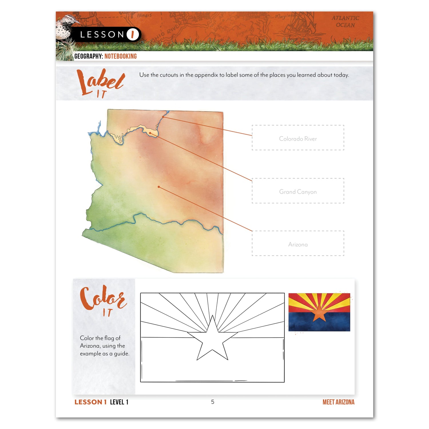 Arizona Fifty States Homeschool Unit Study Digital Student Book Page Level 1 Lesson 1