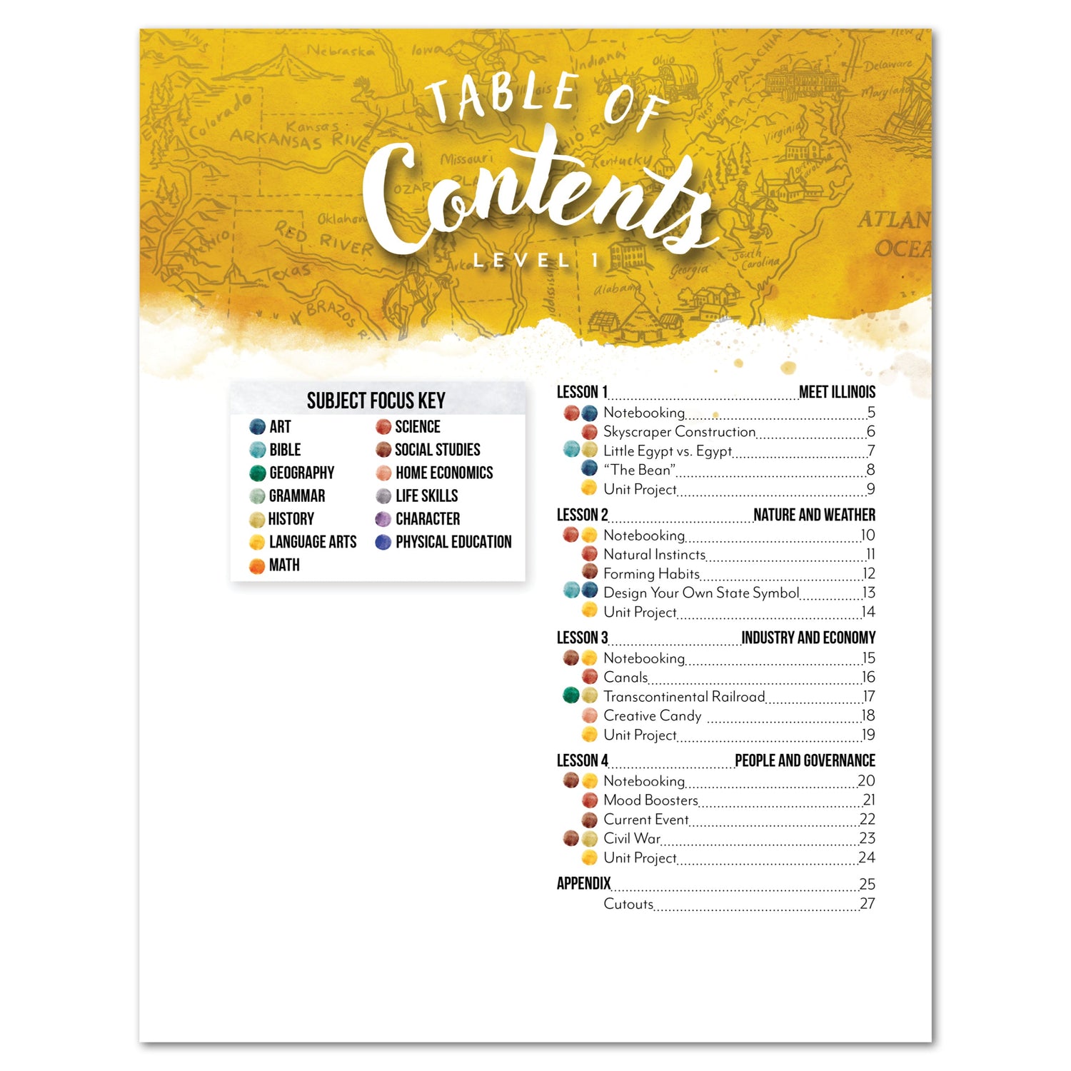 Illinois Fifty States Homeschool Unit Study Digital Student Book Level 1 Tabel of Contents
