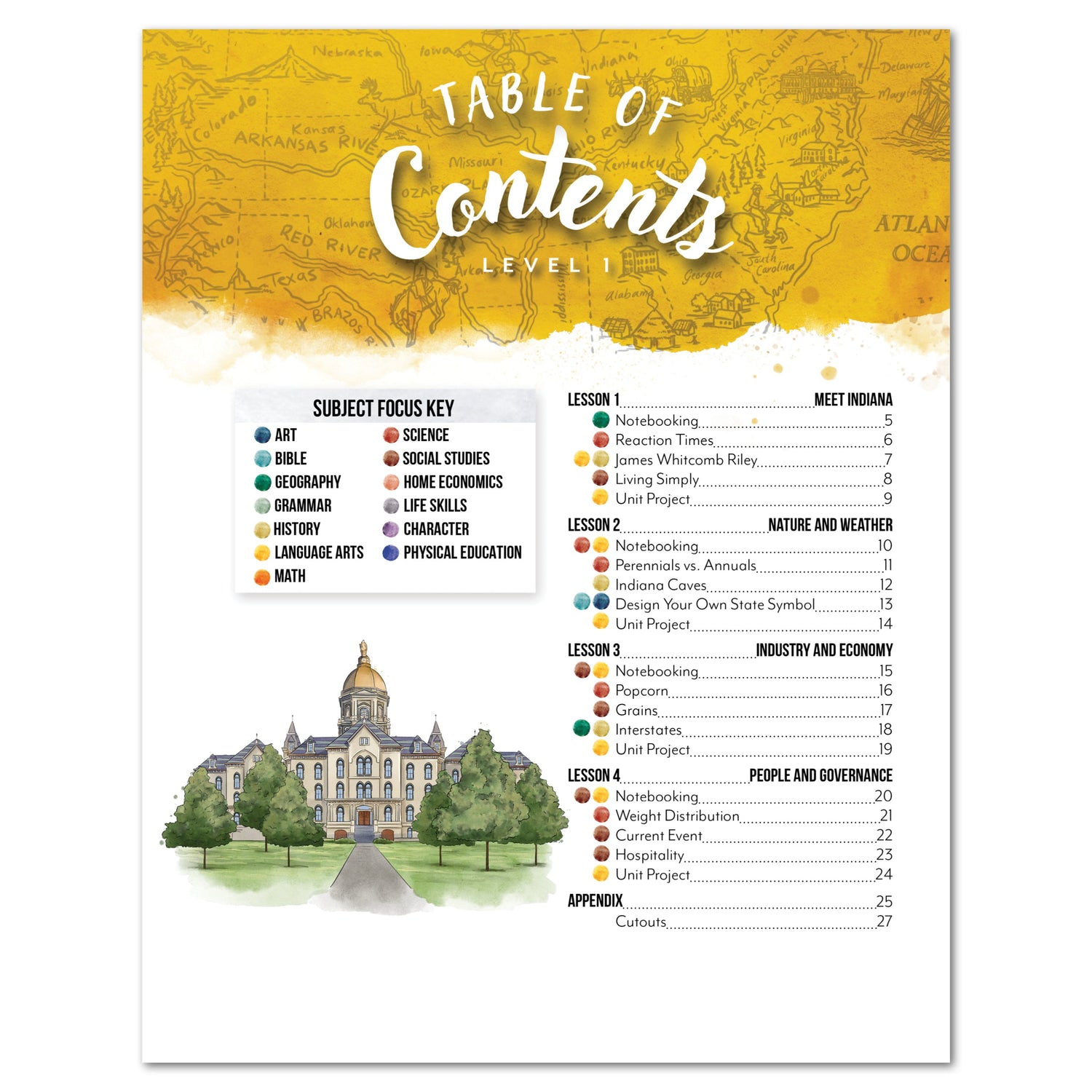 Indiana Fifty States Homeschool Unit Study Digital Student Book Level 1 Table on Contents