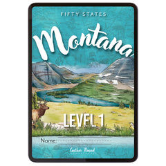 Digital cover of Montana Level 1 featuring illustrated scene of mountains, water, and an elk.