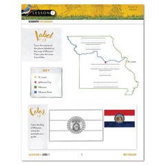 Missouri geography worksheet page from Meet Missouri, Lesson 1 Level 1, showing a labeled map of Missouri, a state key, and a Missouri flag coloring activity on a white page with a yellow header.