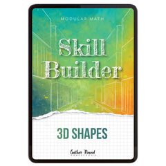 Digital book cover of 'Skill Builder: 3D Shapes' with geometric design and text on a colorful background.