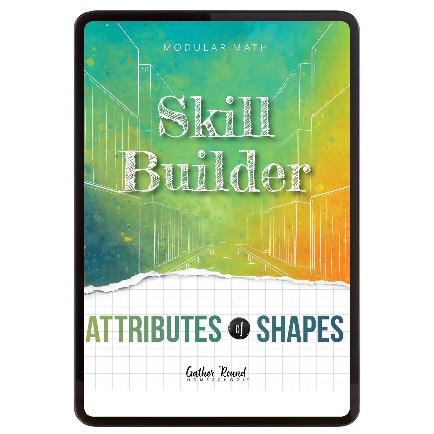 Digital book cover of 'Skill Builder: Attributes of Shapes' with geometric design and text on a colorful background.