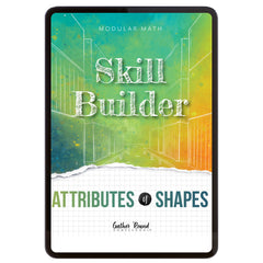Digital book cover of 'Skill Builder: Attributes of Shapes' with geometric design and text on a colorful background.