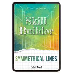 Digital book cover of 'Skill Builder: Symmetrical Lines' with geometric design and text on a colorful background.