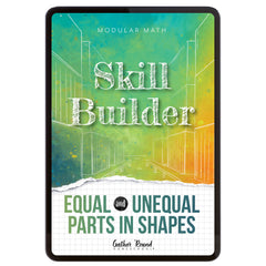 Digital book cover of 'Skill Builder: Equal and Unequal Parts in Shapes' with geometric design and text on a colorful background.