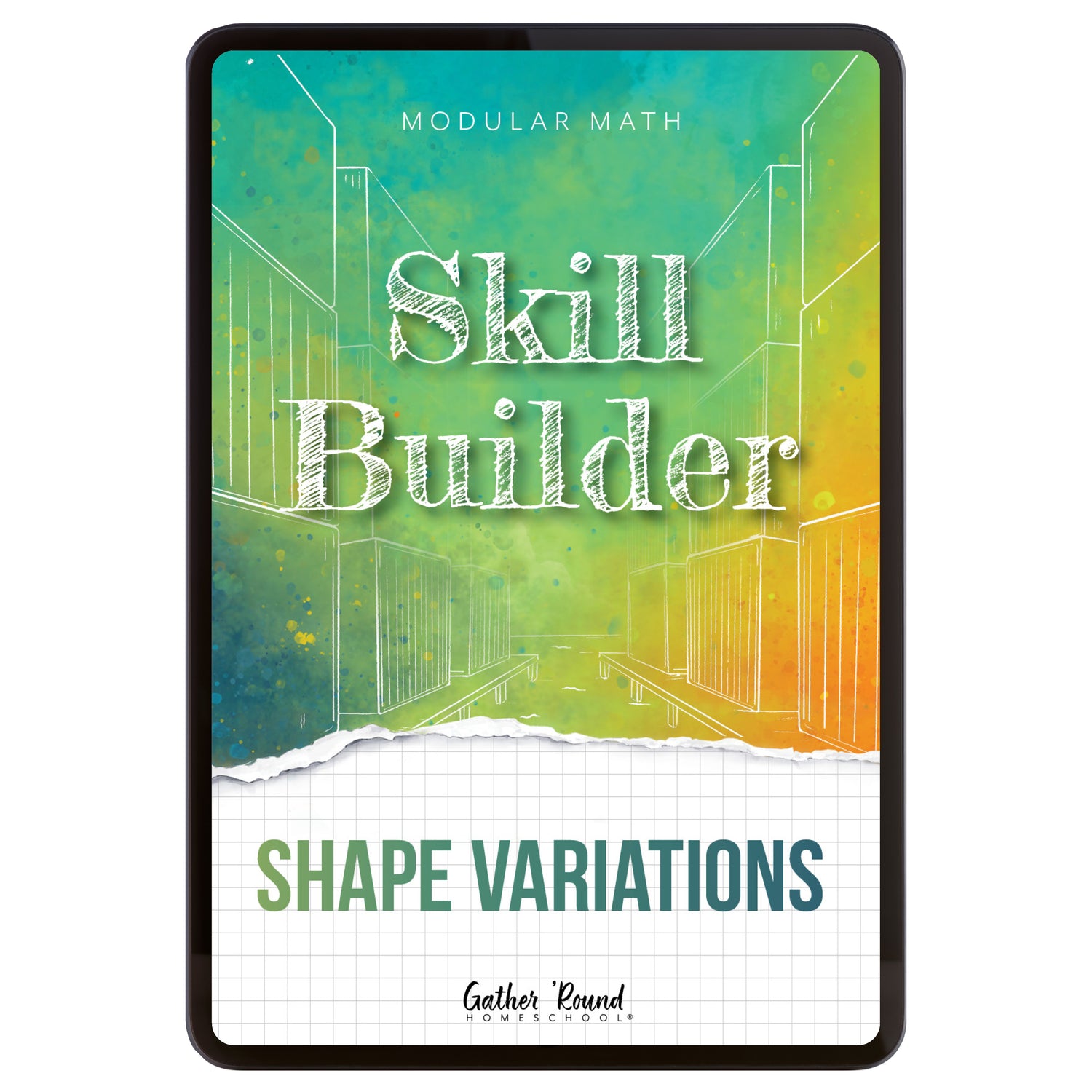 Digital book cover of 'Skill Builder: Shape Variations' with geometric design and text on a colorful background.