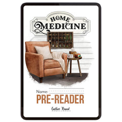 Digital cover for 'HOME MEDICINE Pre-Reader' unit, features a brown armchair and small side table in the center. 