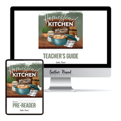 Digital product mockup showing a book cover titled 'Homesteading Kitchen' on a desktop monitor and tablet screen, with text reading 'Teacher's Guide' and 'Pre-Reader' on a white background.