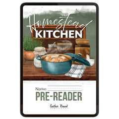 A digital book cover for 'Homestead Kitchen' book. The cover features a rustic watercolor illustration of a teal Dutch oven with bread, a potted herb, and kitchen items on a wooden table, with text fields at the bottom for 'Name' and 'Pre-Reader'.