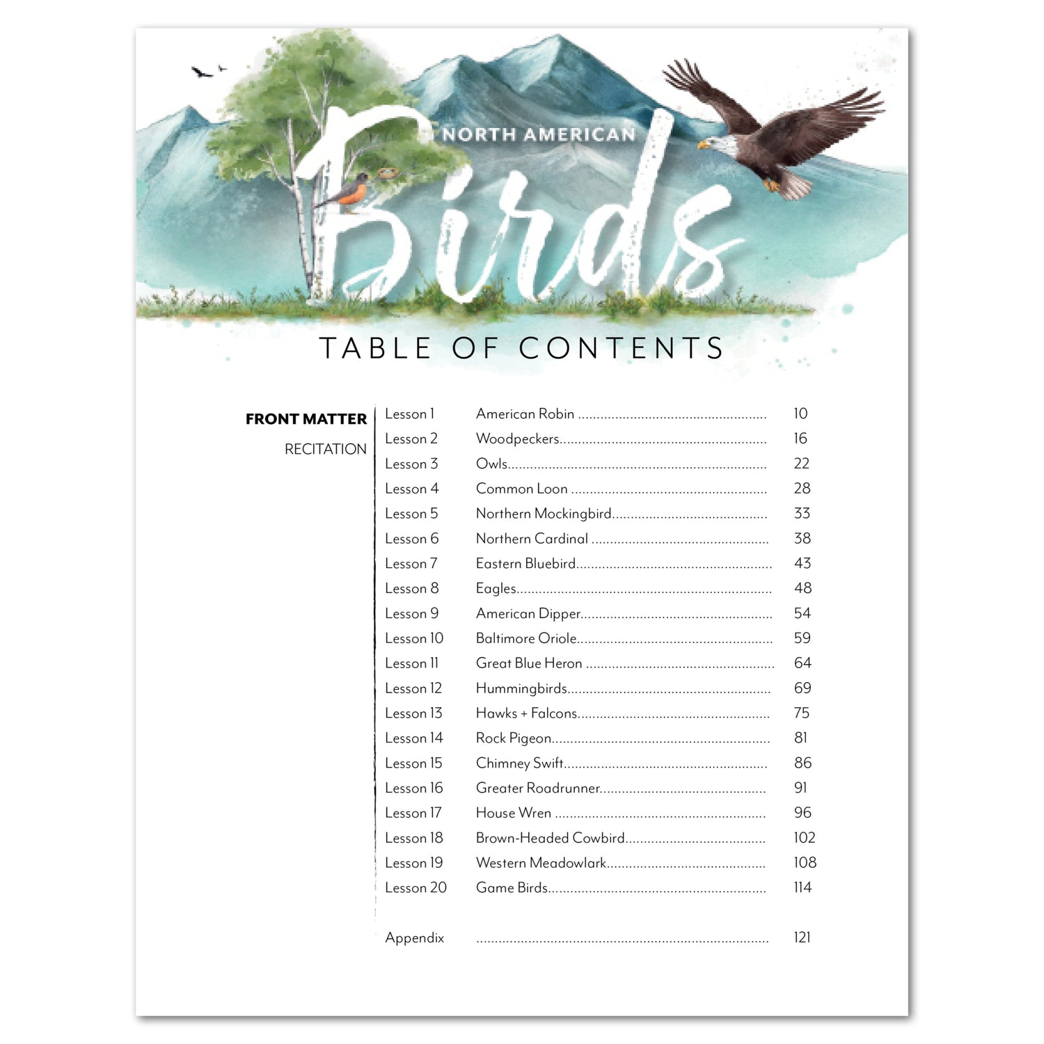 North American Birds part two homeschool unit study digital teacher's guide table of contents