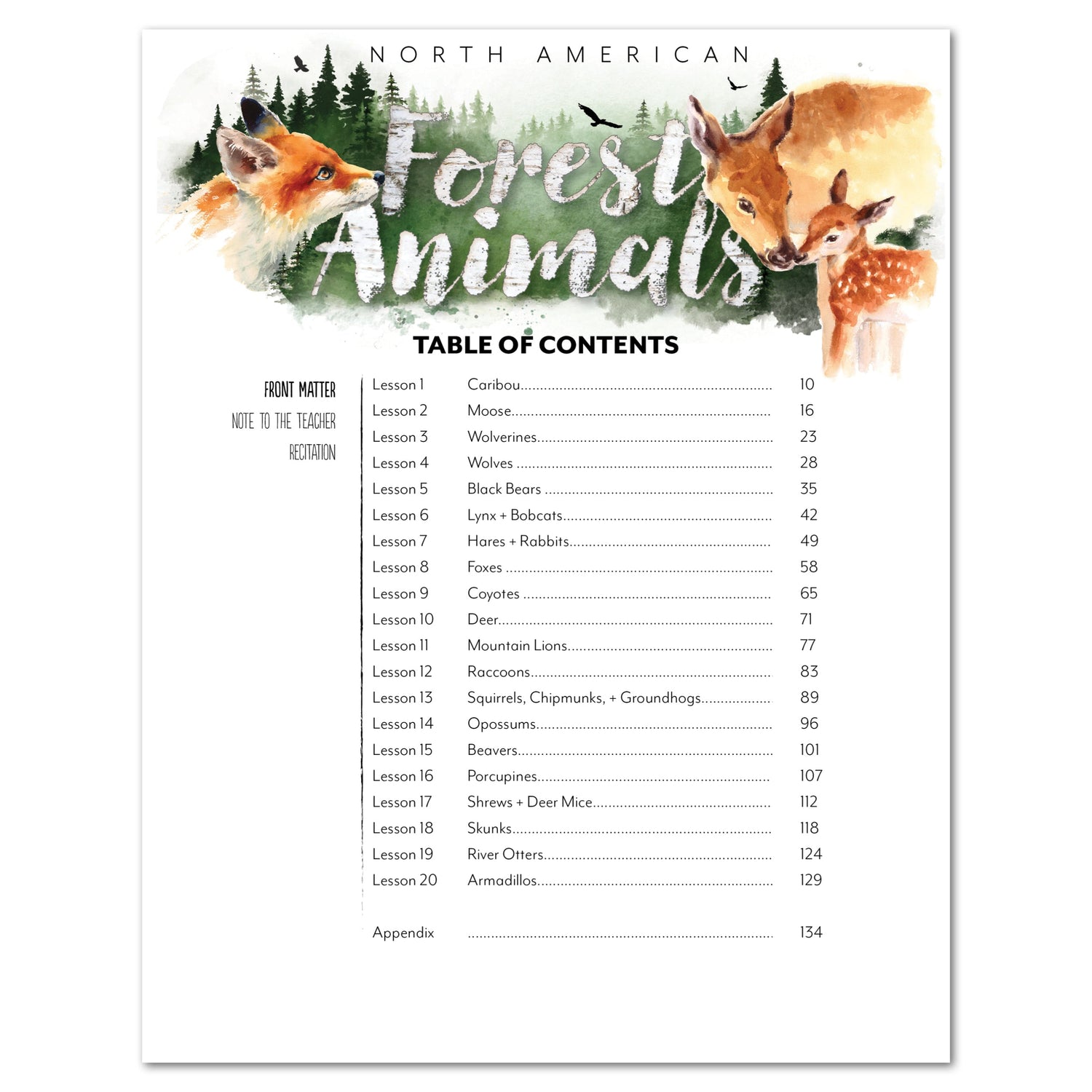 North American Forest Animals homeschool unit study digital teacher guide table of contents