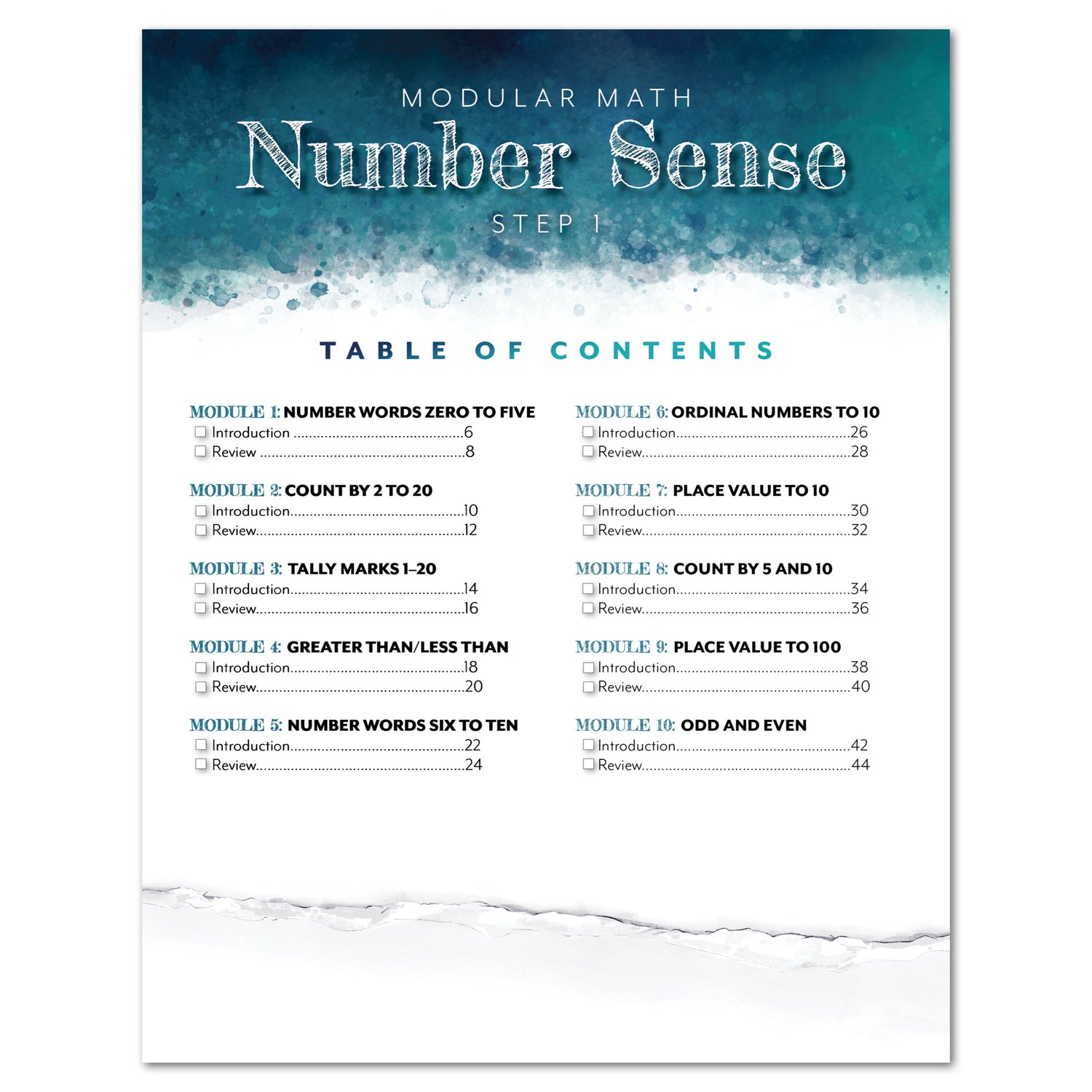 Number Sense Modular Math Step 1 printed book table of contents