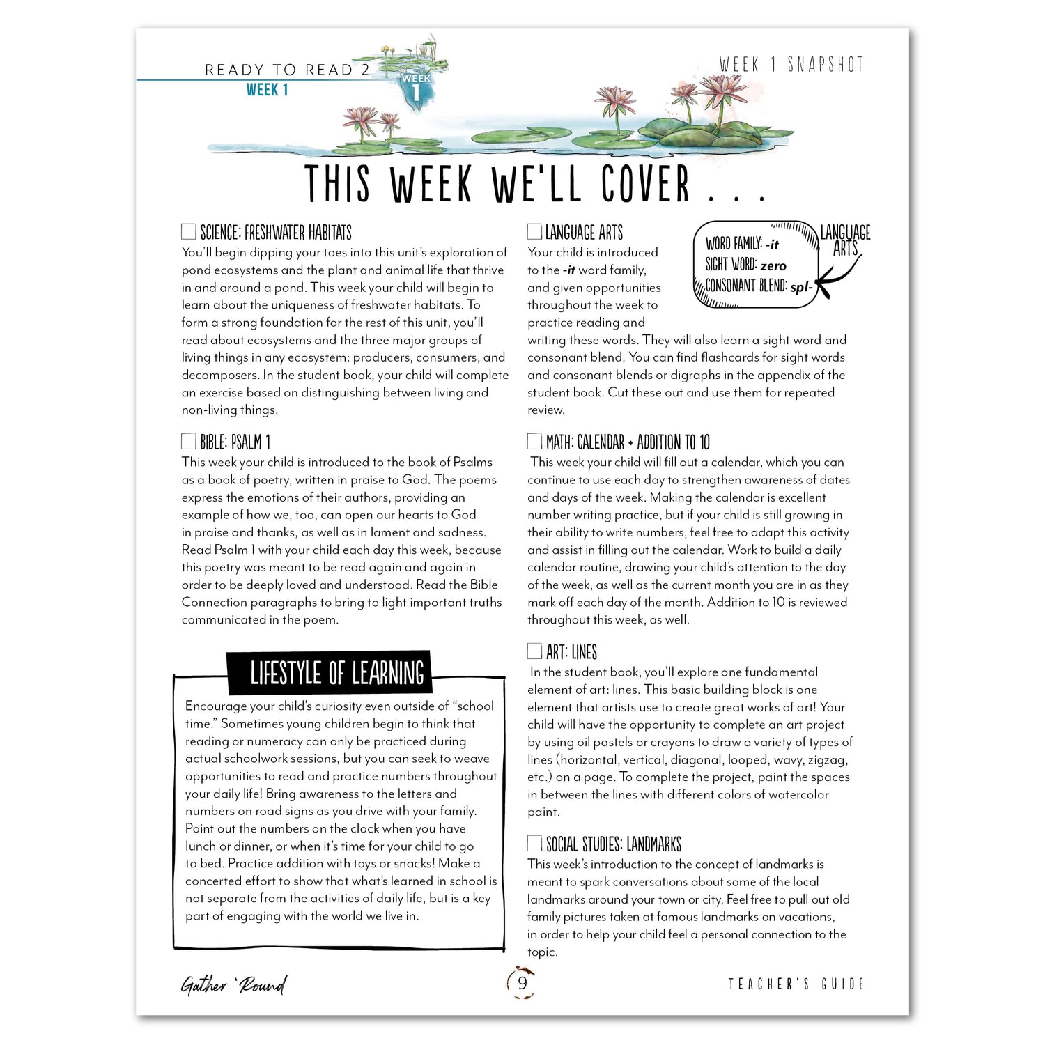 Ready to Read 2 At The Pond Homeschool Unit Study Digital Teacher's Guide Week 1 Snaphot