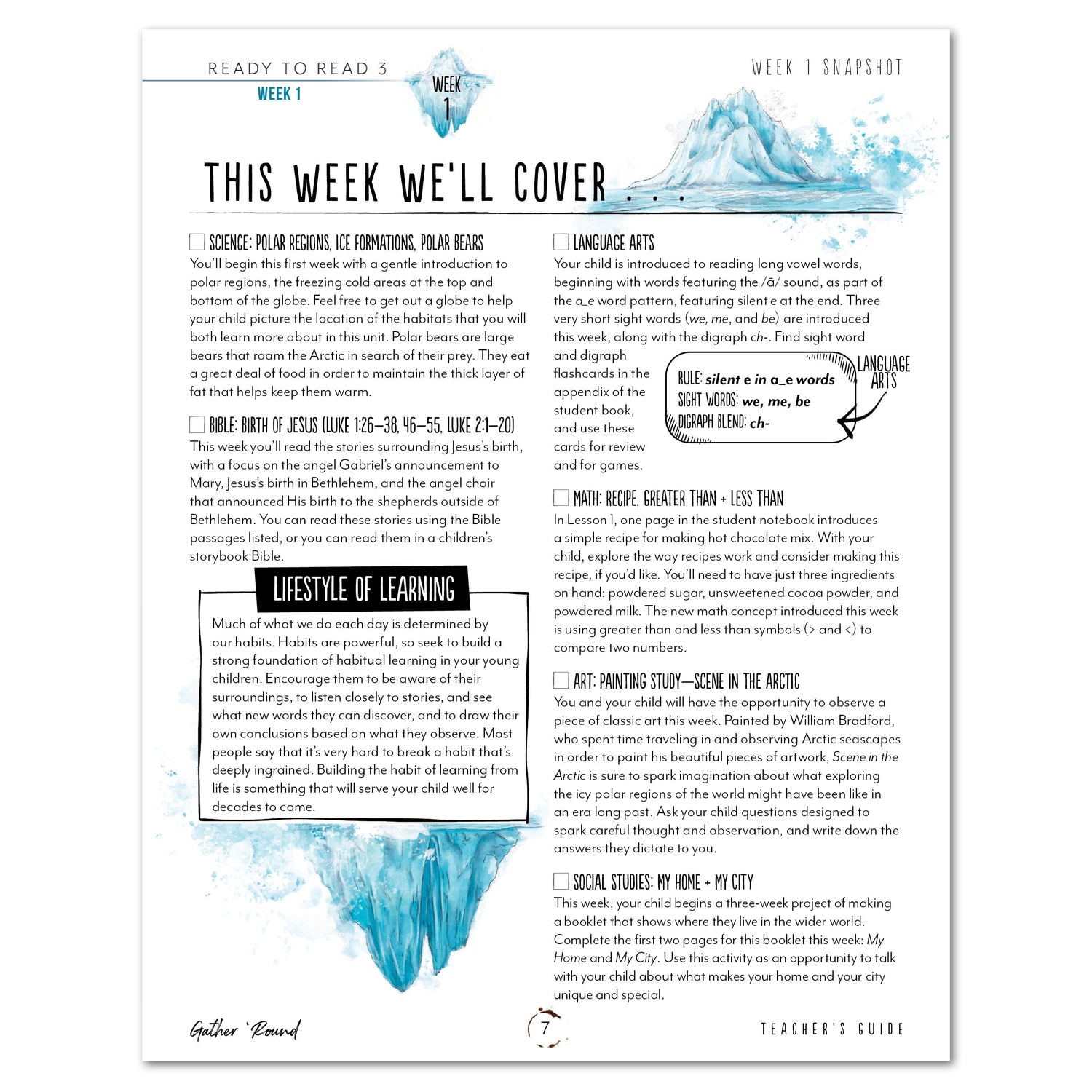Ready to Read 3 At Ice + Snow Homeschool Unit Study Digital Teacher's Guide Week 1 Snapshot