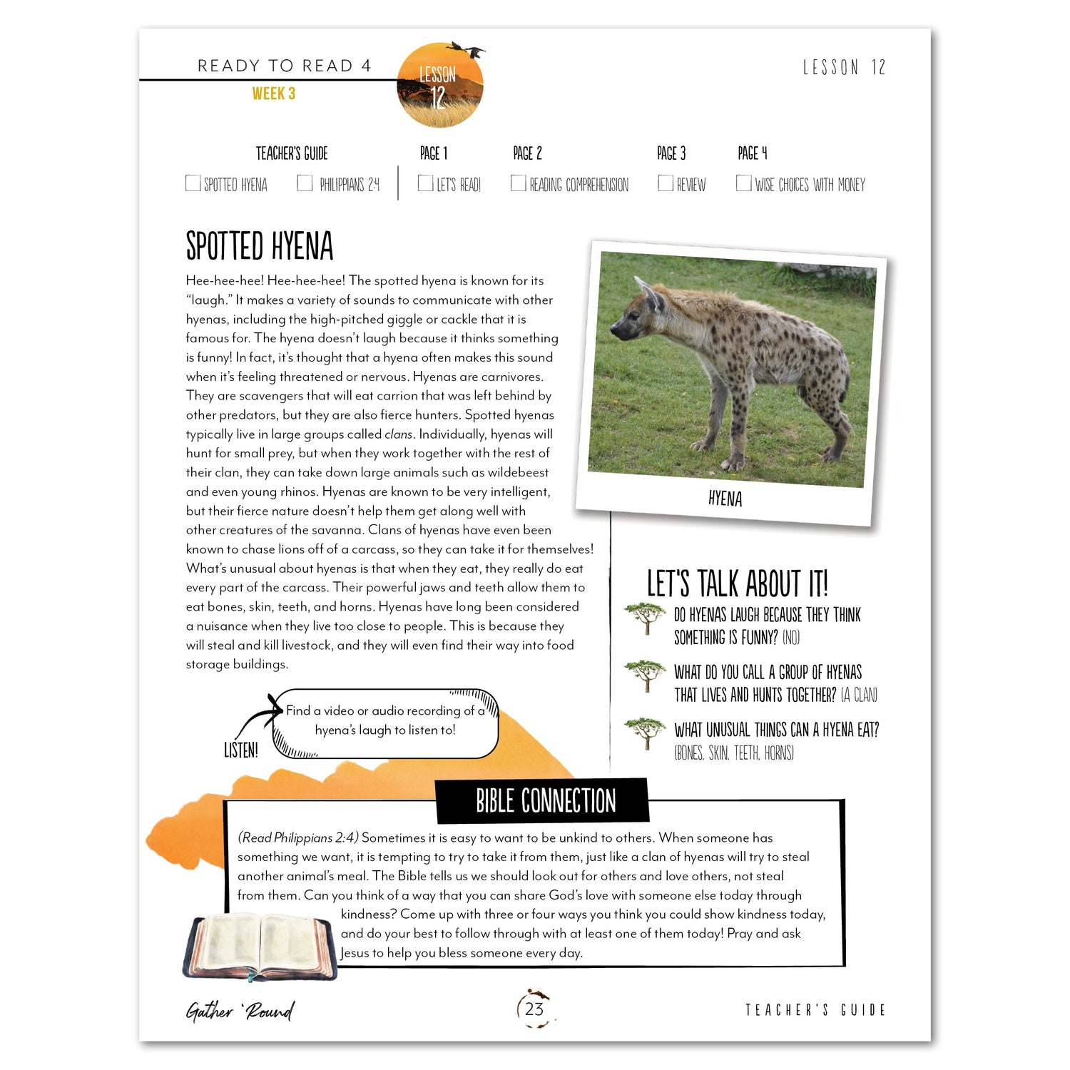 Ready to Read 4 On The Savannah Homeschool Unit Study Digital Teacher's Guide Week 3 Lesson 12 