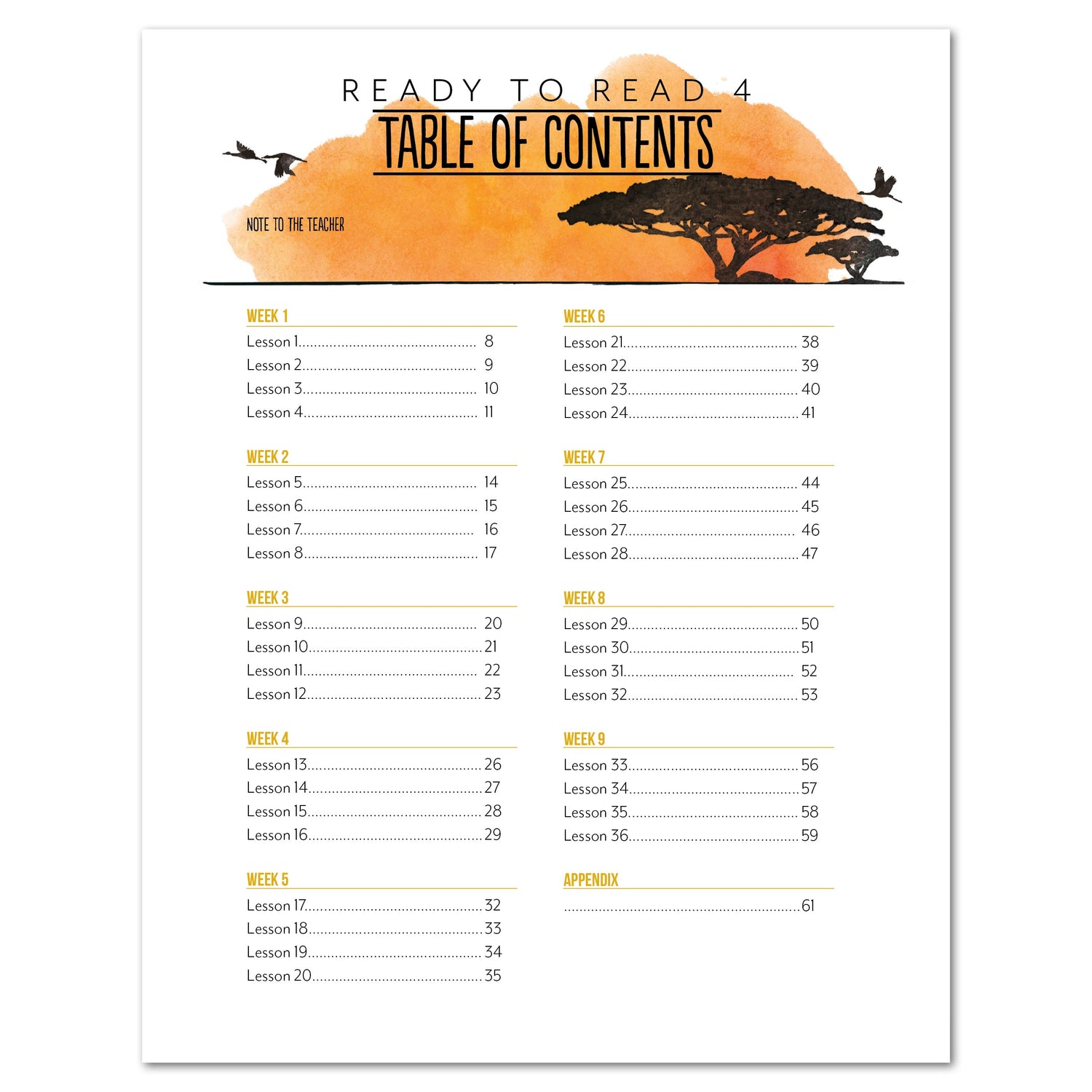 Ready to Read 4 On The Savannah Homeschool Unit Study Digital Teacher's Guide Table of Contents