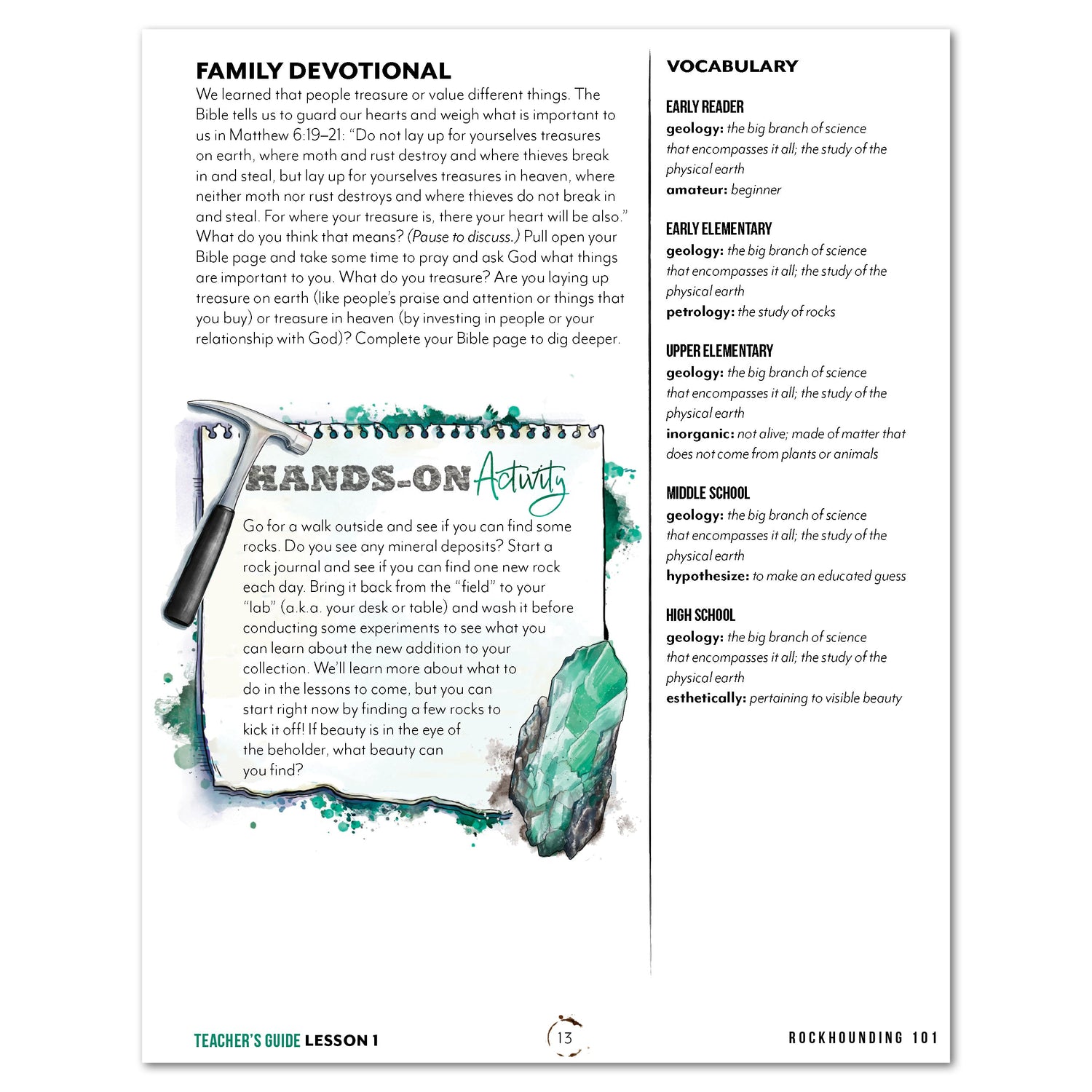 Rocks + Minerals homeschool unit study digital Teacher's Guide family devotional