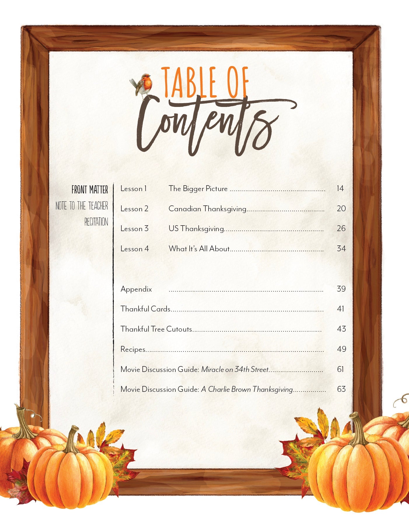 Thanksgiving Homeschool Unit Study Digital Download Teacher's Guide Table of Contents