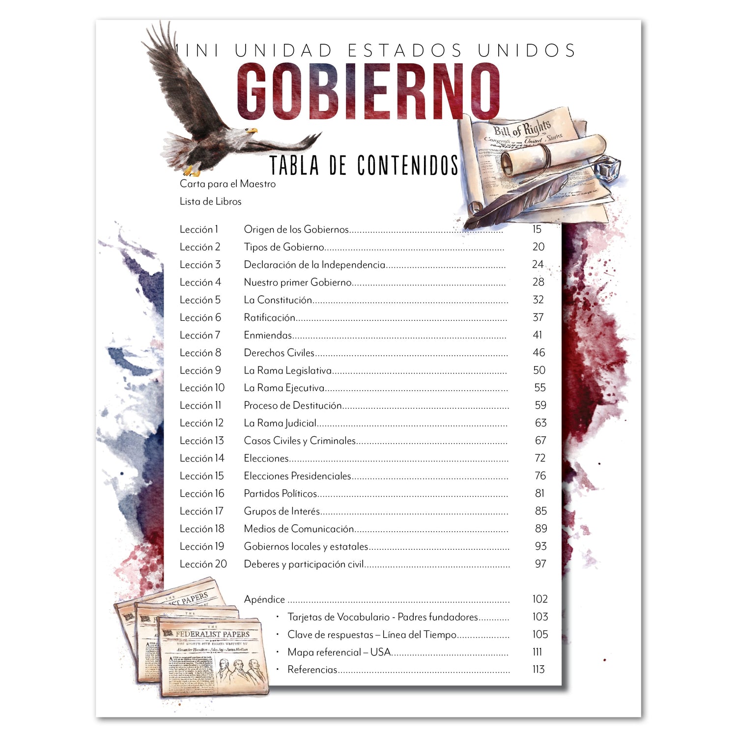 US Government Spanish Edition Homeschool Unit Study Digital Download Teacher's Guide Table of Contents