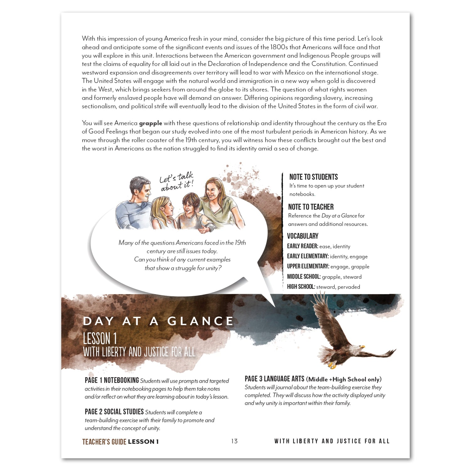 US History 3: Growing Identity: 1816-1899 Adventures Though History Homeschool Digital Teacher's Guide Lesson 1 With Liberty and Justice For All Part 2
