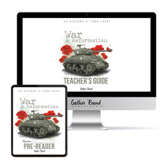 Digital preview of a 'War & Reformation Teacher's Guide' displayed on a desktop computer monitor and a tablet, featuring a vintage military tank illustration with red poppies on a white background.