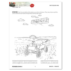 A US History 4 Lesson 2 coloring page from a student notebook, featuring black and white line art of an early Wright brothers automobile and an airplane flying overhead, with text instructions and dashed word banks at the bottom.