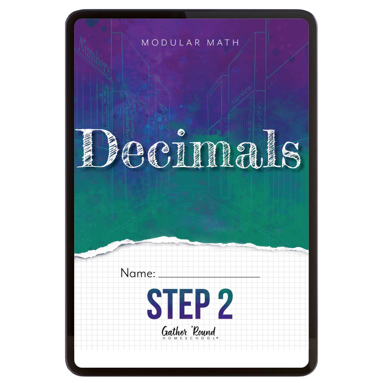 A digital math workbook cover titled 'Decimals' for Step 2 of a modular math series on a white background.