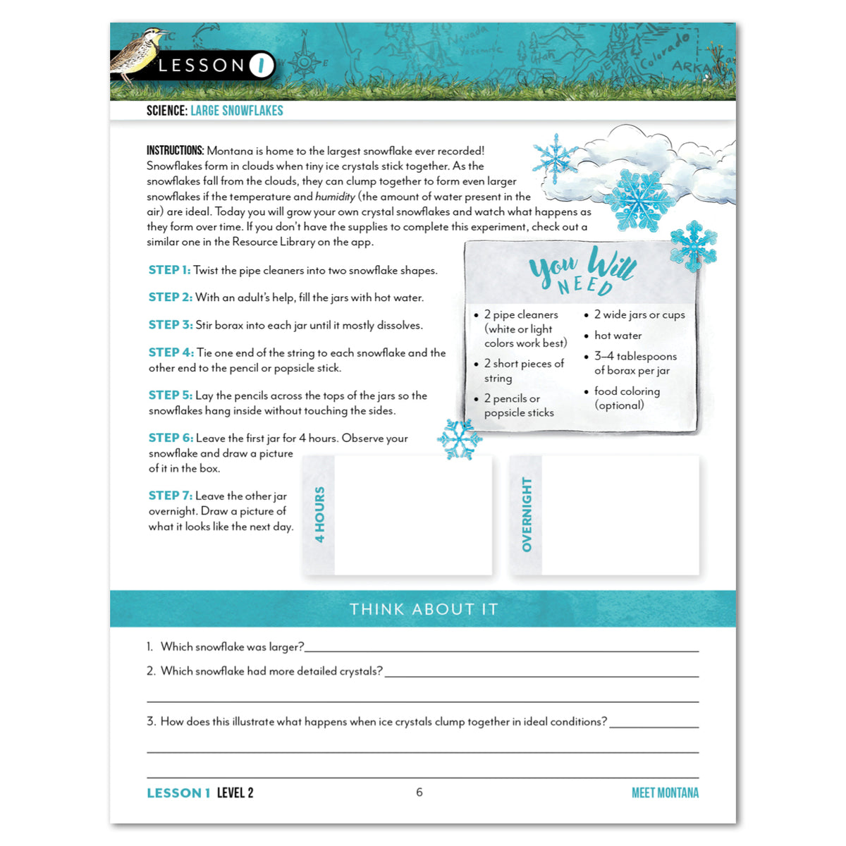 Educational page titled 'LARGE SNOWFLAKES' with instructions, a decorative snowflake-themed header, and a worksheet section at the bottom with questions. The card is shown against a plain white background.
