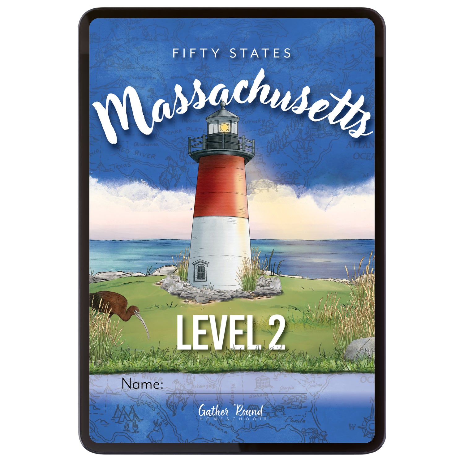 Digital cover of 'Fifty States: Massachusetts' Level 2 with a lighthouse illustration on a blue background.