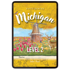 Digital cover image with a windmill, tulips, and deer in a field on a yellow background with 'Michigan' text.