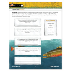 Educational worksheet with nature-themed questions and illustrations of fish, designed for language arts learning.
