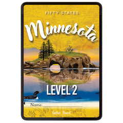 Digital book cover of 'Fifty States Minnesota Level 2' with a scenic illustration of a lake and trees.