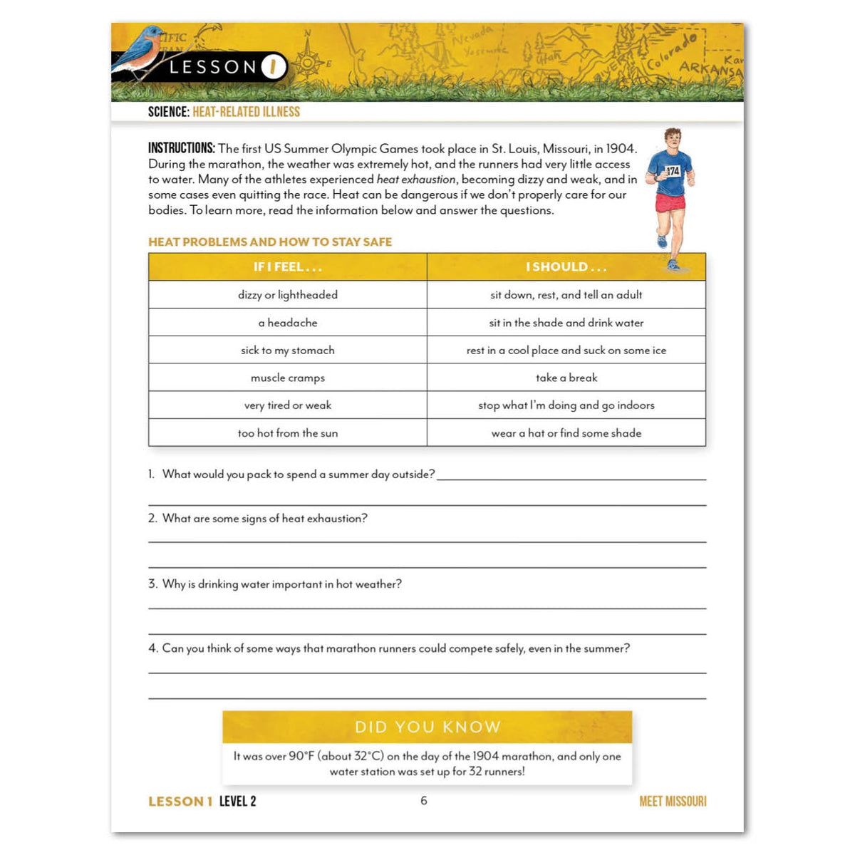 Level 2 Student Book page about heat-related illness. Shows an illustration of a runner, an information box, and questions to answer. 