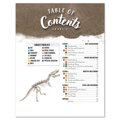 A table of contents page for an educational workbook, with a brown textured header reading 'Table of Contents Level 2,' colored subject focus icons, lesson titles, and illustrated dinosaur fossils.