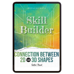 Digital book cover of 'Skill Builder: Connection Between 2D and 3D Shapes' with geometric design and text on a colorful background.