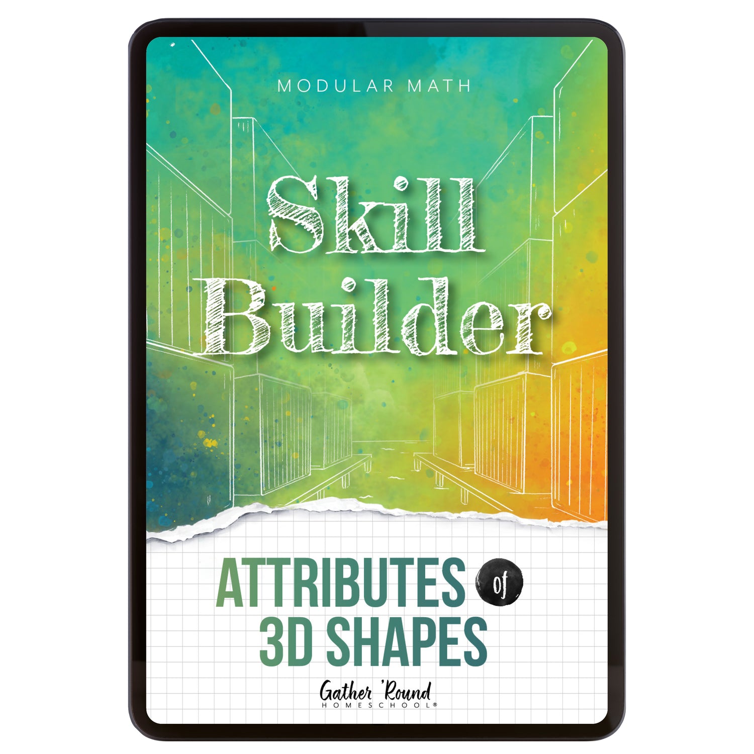 Digital book cover of 'Skill Builder: Attributes of 3D Shapes' with geometric design and text on a colorful background.