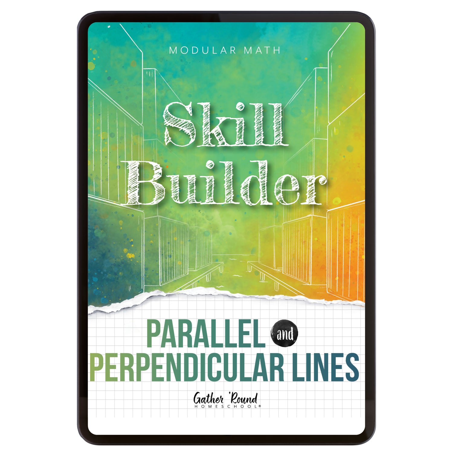Digital book cover of 'Skill Builder: Parallel and Perpendicular Lines' with geometric design and text on a colorful background.