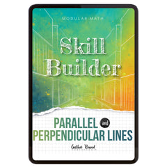 Digital book cover of 'Skill Builder: Parallel and Perpendicular Lines' with geometric design and text on a colorful background.