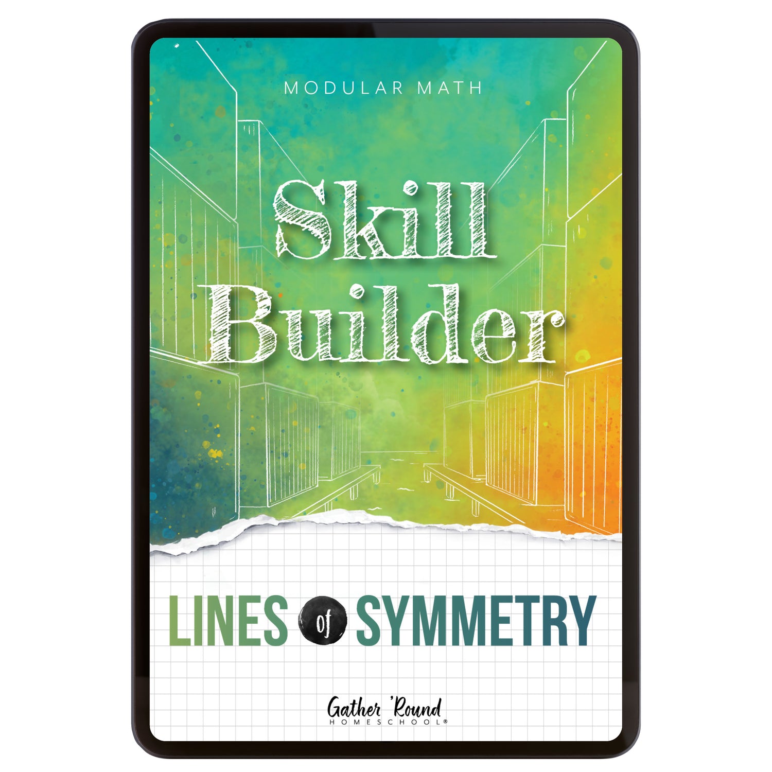 Digital book cover of 'Skill Builder: Lines of Symmetry' with geometric design and text on a colorful background.