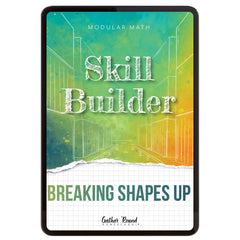 Digital book cover of 'Skill Builder: Breaking Shapes Up' with geometric design and text on a colorful background.