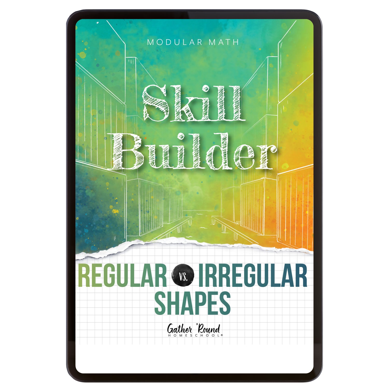 Digital book cover of 'Skill Builder: Regular vs Irregular Shapes' with geometric design and text on a colorful background.