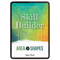 Digital book cover of 'Skill Builder: Area of Shapes' with geometric design and text on a colorful background.