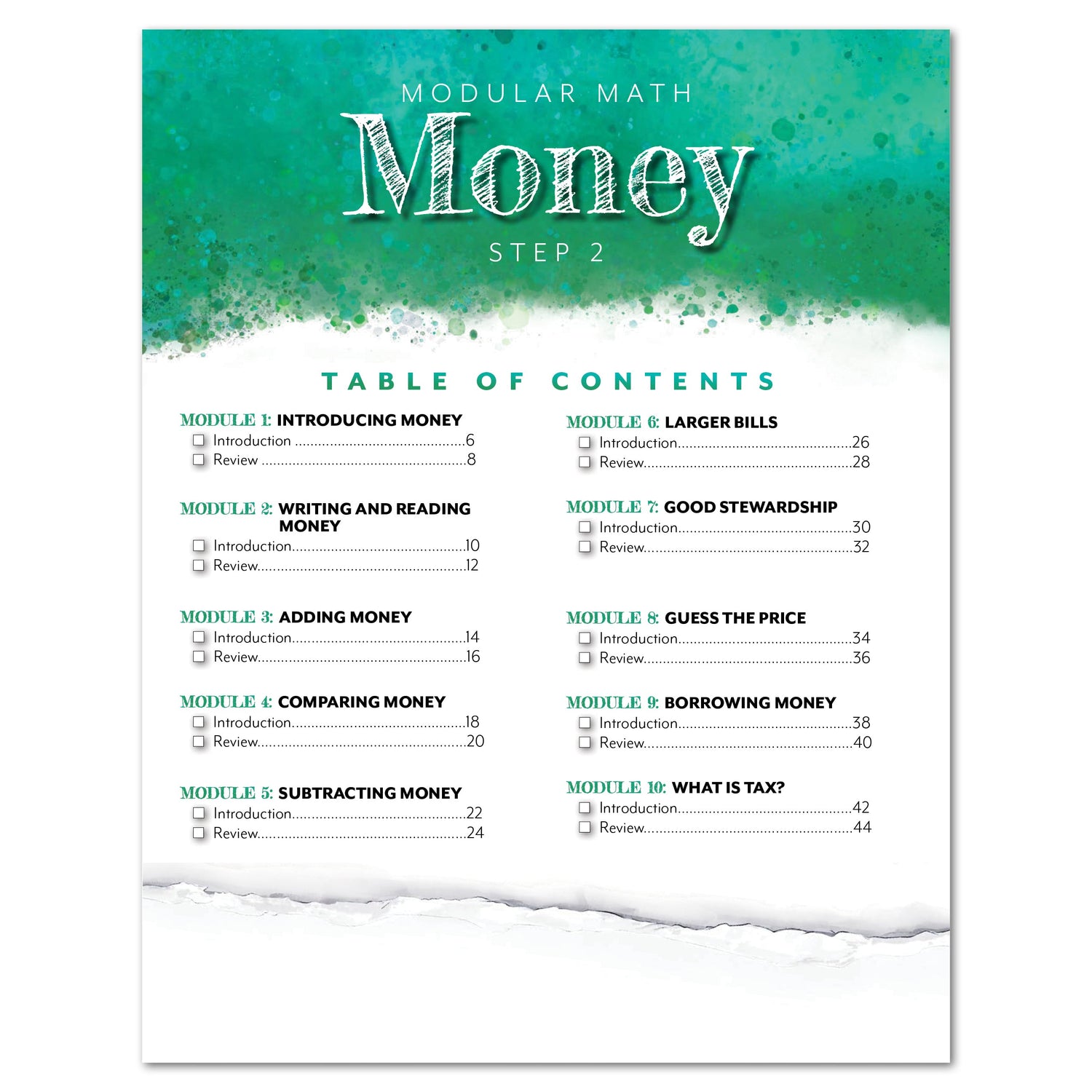 Money Modular Math step 2 printed book table of contents