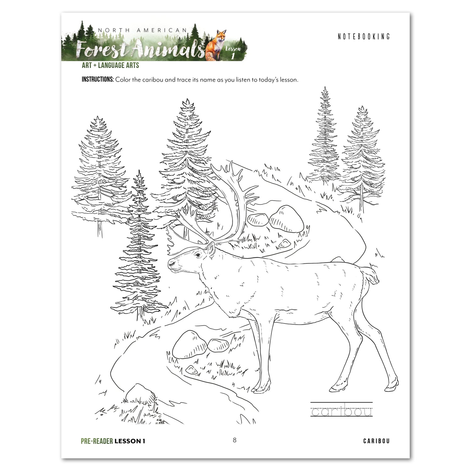 North American Forest Animals homeschool unit study digital student workbook  in pre reader with teacher's guide bundle lesson one