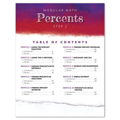 Table of contents page for a modular math curriculum titled 'Percents Step 2,' with a purple-to-white gradient header and black text listing modules on a white background with a torn-paper effect at the bottom.