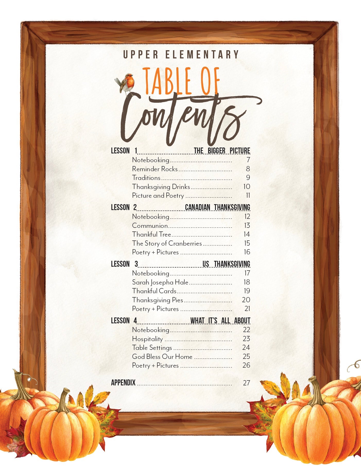 Thanksgiving Homeschool Unit Study Digital Download Upper Elementary Student Book Table of Contents