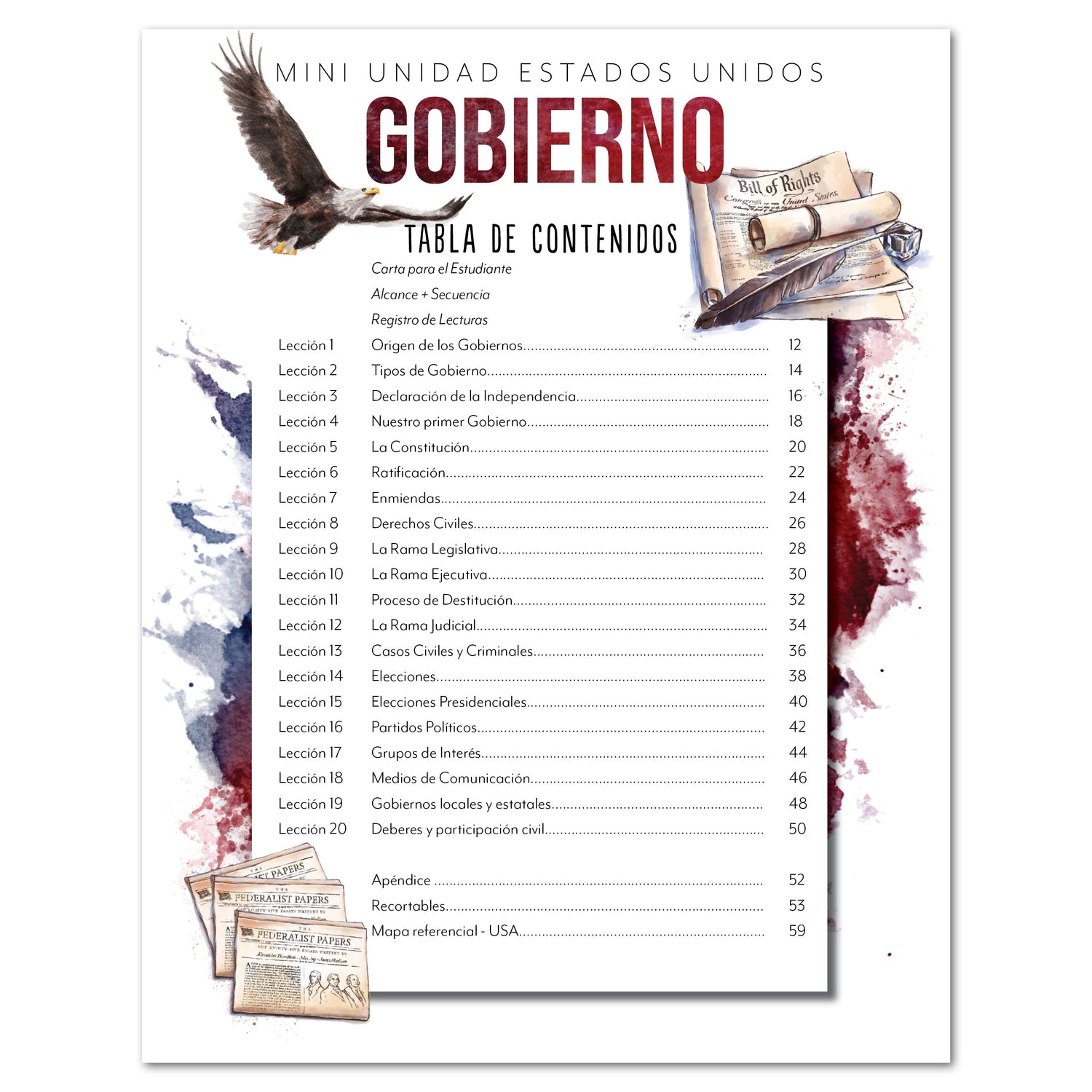 US Government Spanish Edition Homeschool Unit Study Digital Download Student Book Table of Contents