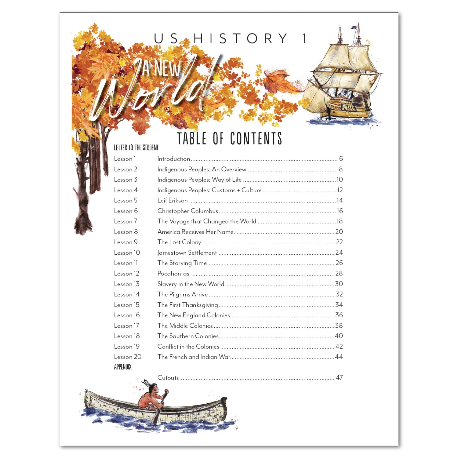 US History 1: A New World: Begining-1763 Homeschool Study Unit Digital Pre-Reader Student Book Table of Contents
